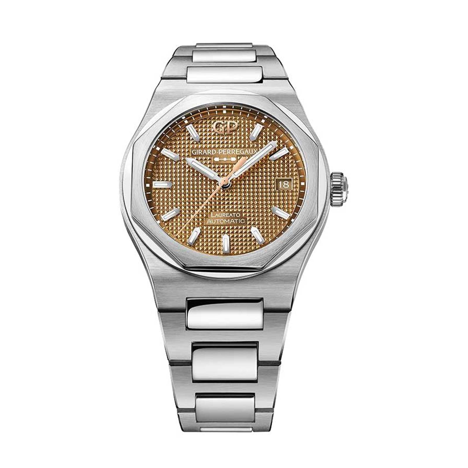 The Girard-Perregaux Laureato 38 is a stainless steel watch with a silver band, octagonal bezel, round gold textured dial, silver hour markers, and a date window at 3 o’clock.