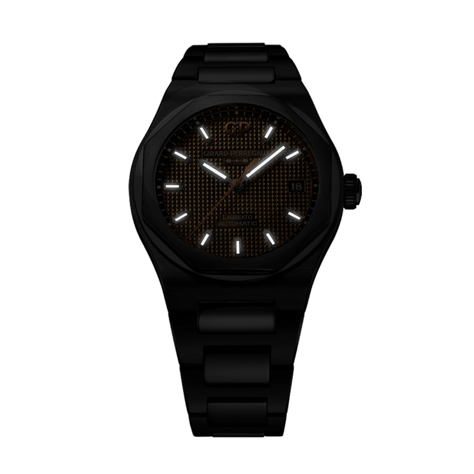 The Girard-Perregaux Laureato 38 is a black luxury wristwatch with a textured dark dial, octagonal bezel, luminous hands and markers, date display at 3 o’clock, and a black metal link bracelet.