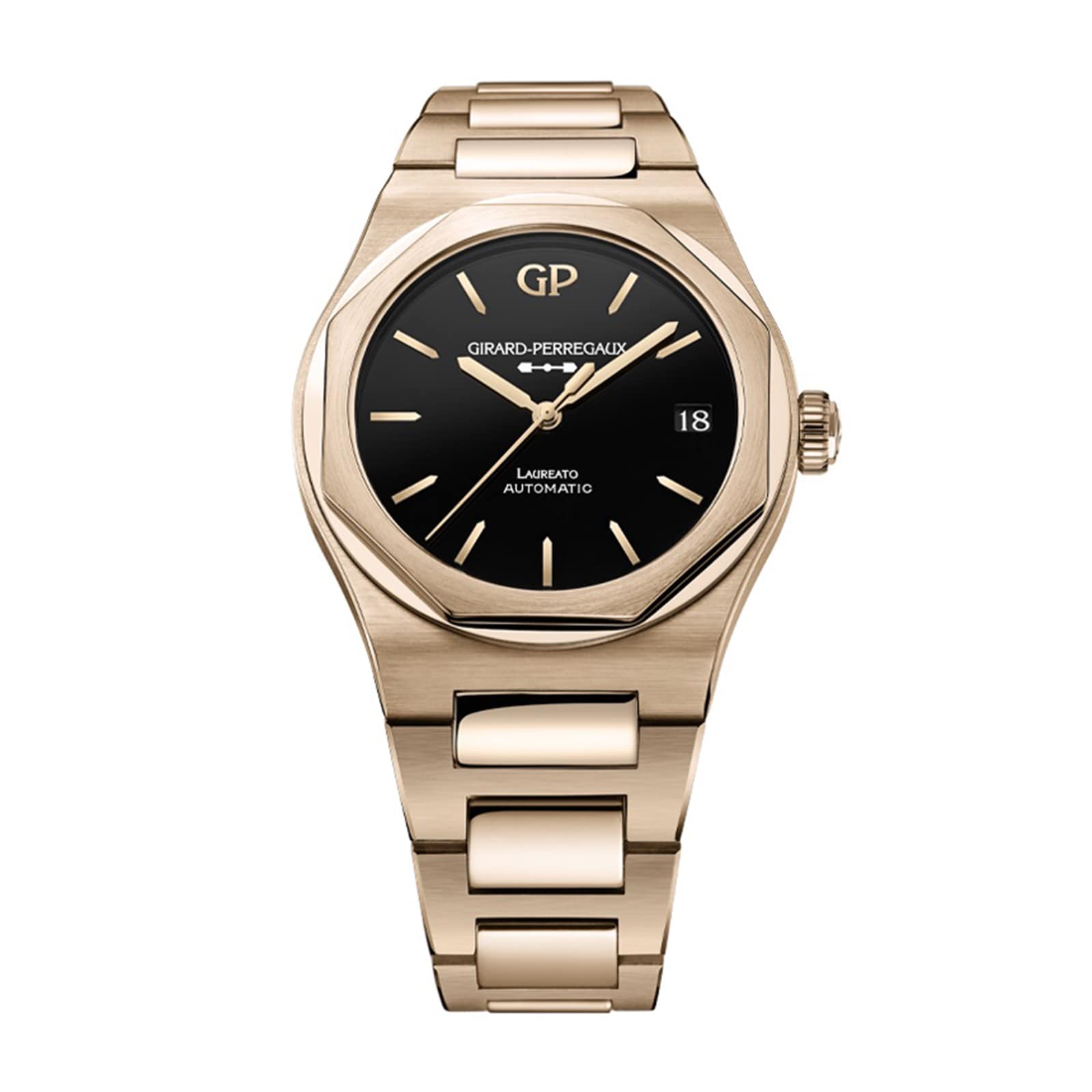 The Girard-Perregaux Laureato 42 features a gold case with an octagonal bezel, black dial, gold hour markers and hands, date display at 3 o’clock, and Laureato Automatic branding on the face.