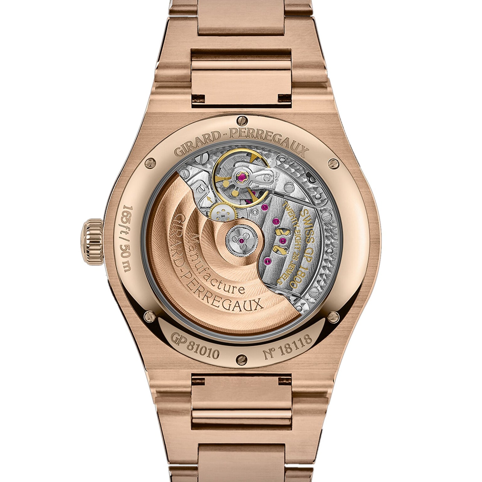 Close-up of the back of a Girard-Perregaux Laureato 42, showing its intricate mechanical movement through a transparent case back, with engraved details and touches of pink gold beneath the signature octagonal bezel.