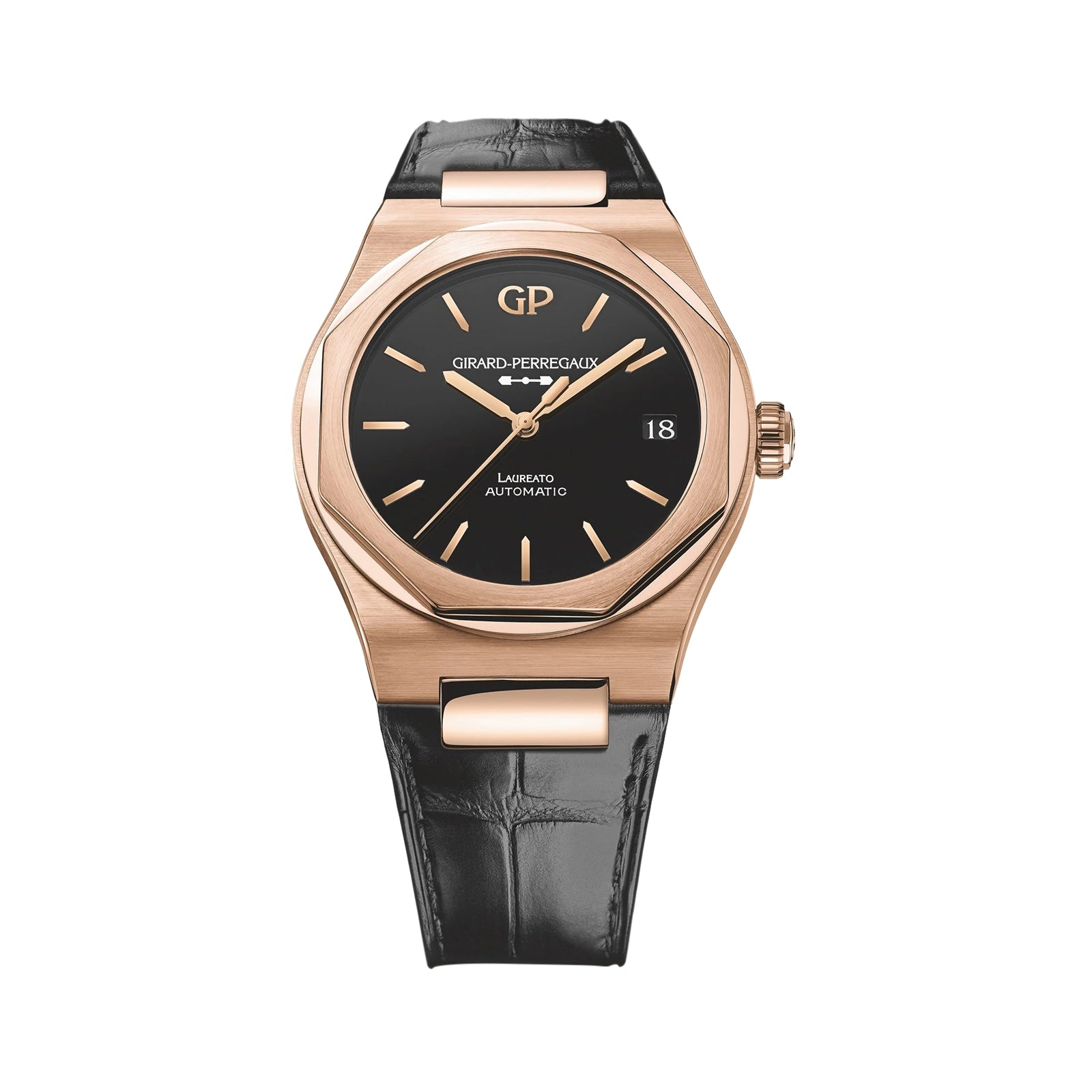 The Girard-Perregaux Laureato 42 is a gold chronograph wristwatch with an octagonal bezel, black dial and gold hour markers, date at 3 o’clock, and a black leather strap.