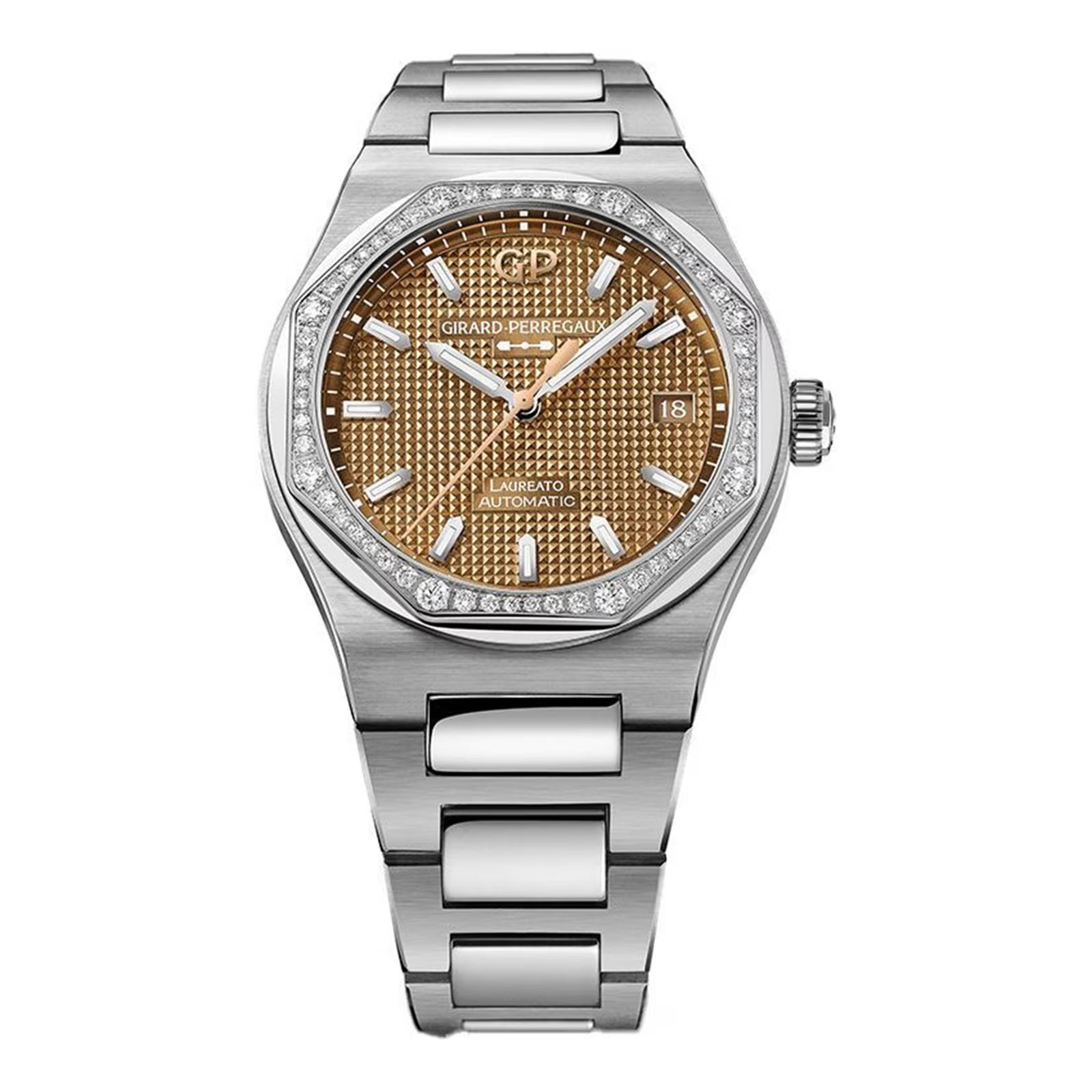 Luxury watch with brown dial and diamond accents on a white background