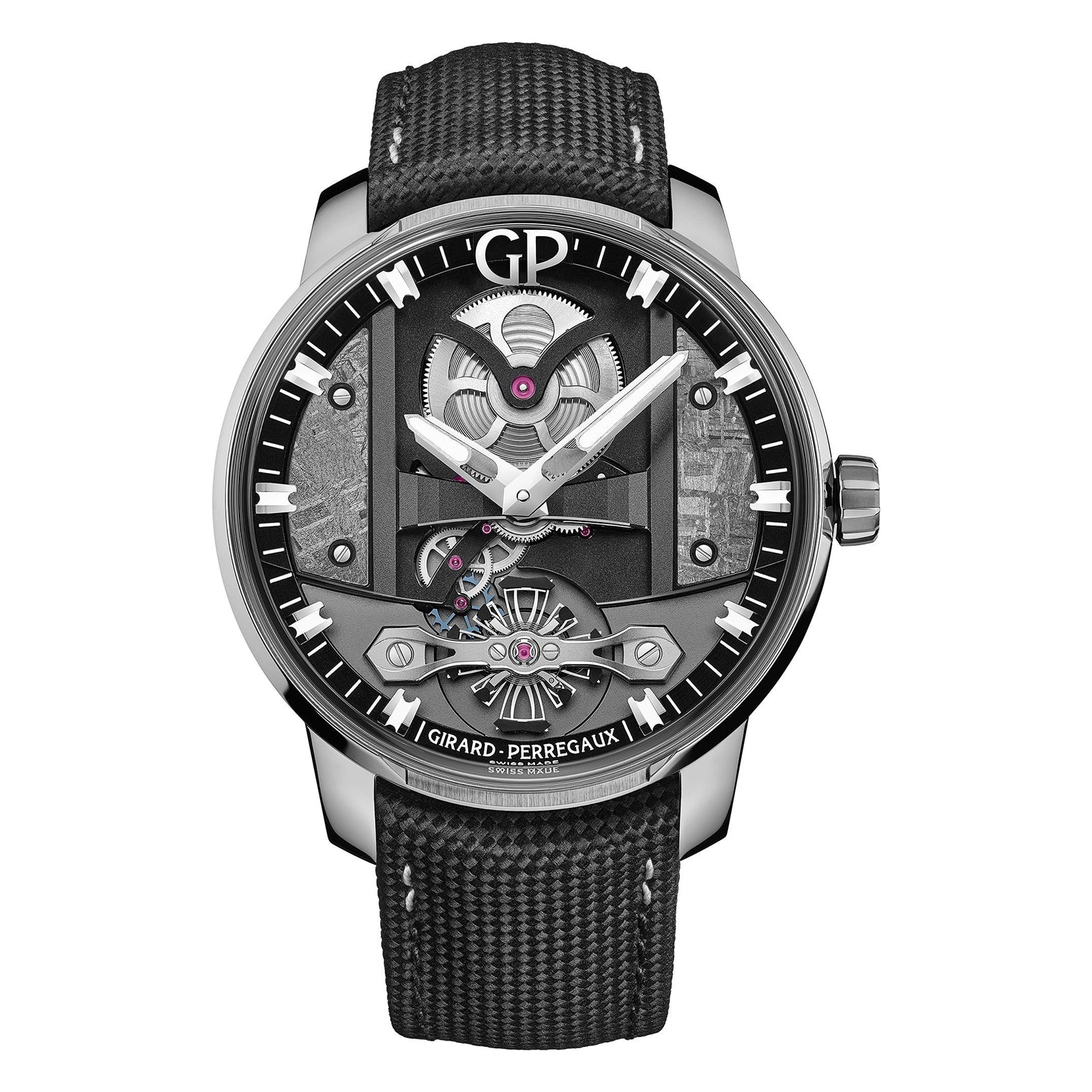 The Free Bridge Meteorite by Girard-Perregaux boasts avant-garde design, a black strap, exposed mechanical movement, silver hour markers, and displays GP and Girard-Perregaux on its face.