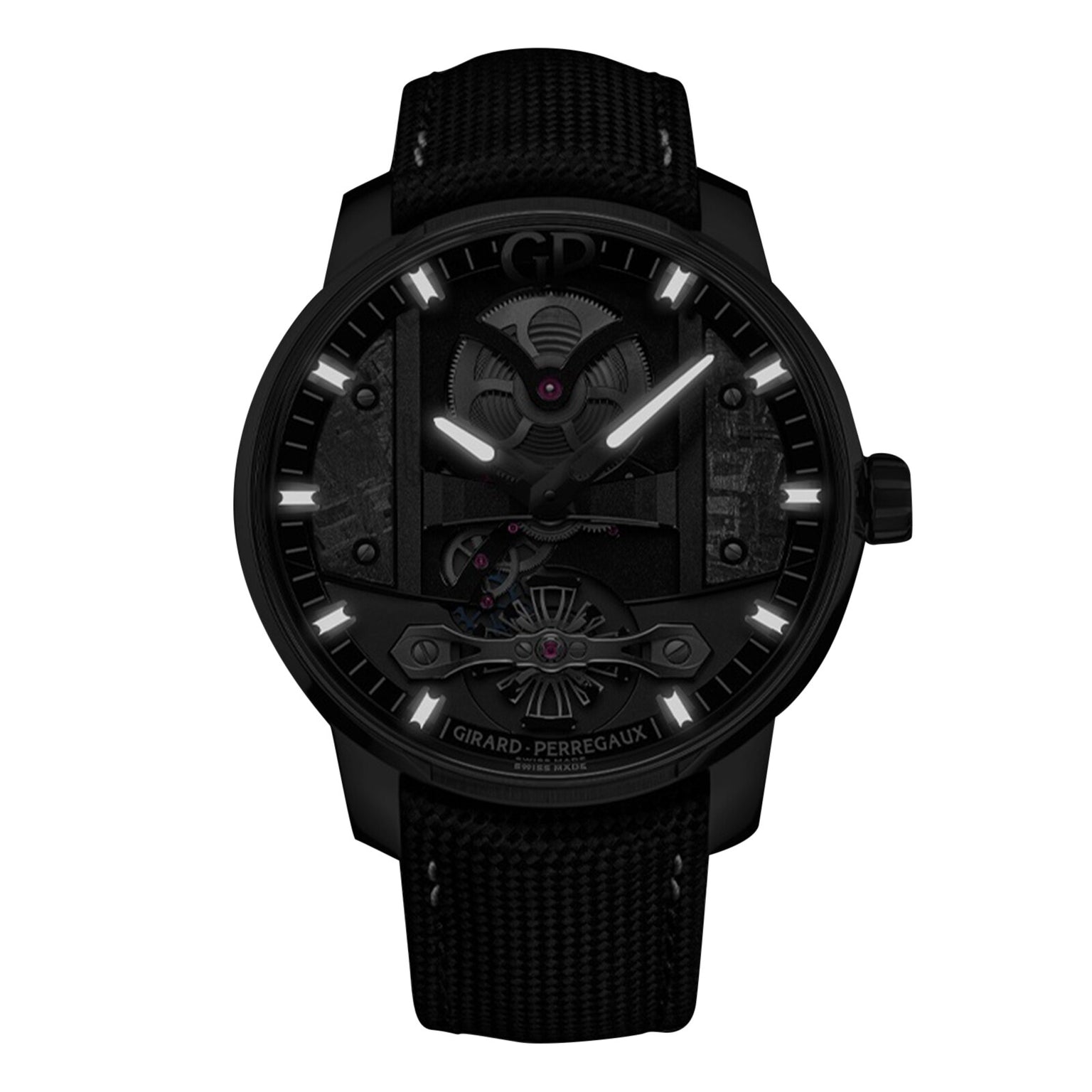 The Girard-Perregaux Free Bridge Meteorite, from the Bridges Collection, features a black textured band, avant-garde design with visible mechanics, and striking white accents on the dark dial and hour markers.