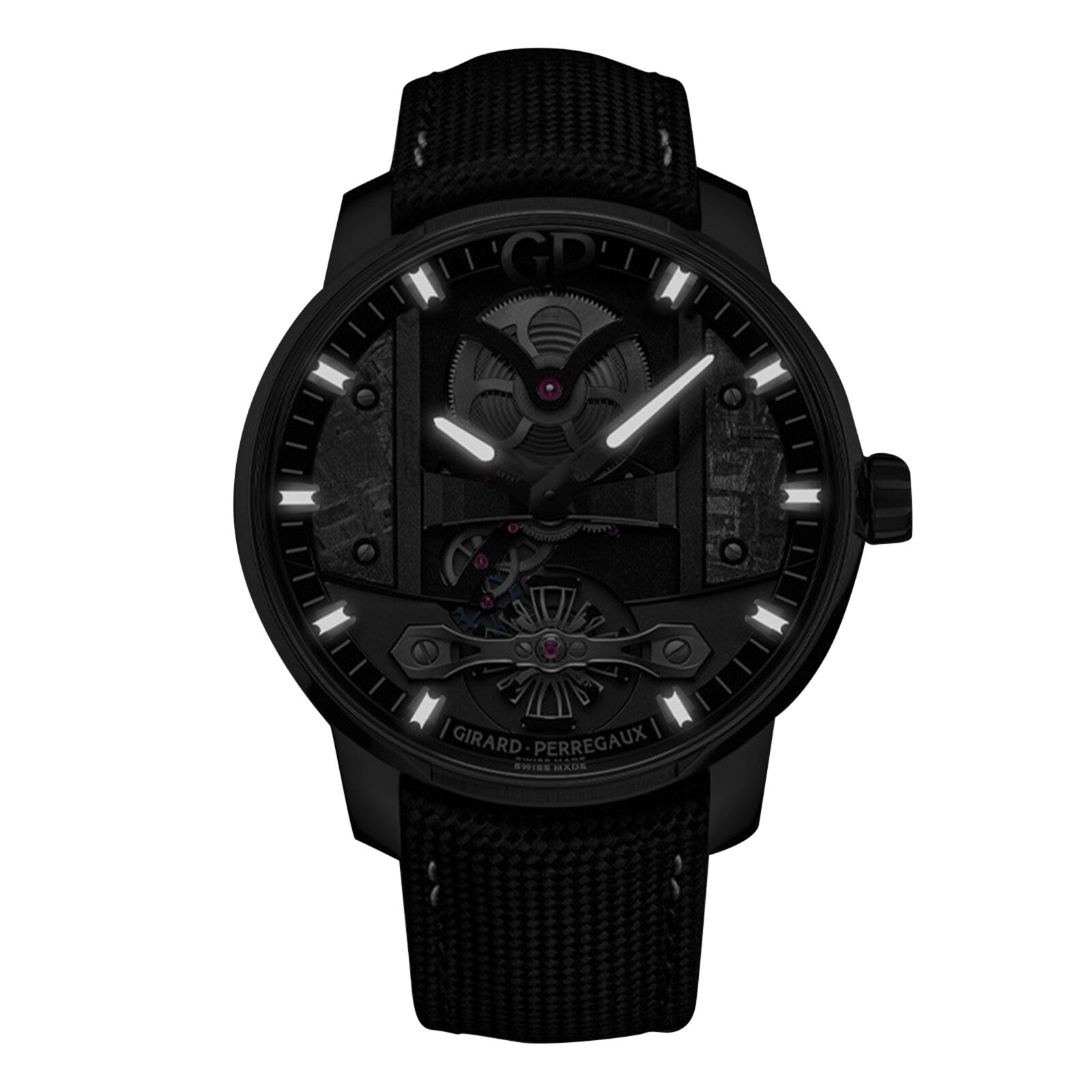 The Girard-Perregaux Free Bridge Meteorite, from the Bridges Collection, features a black textured band, avant-garde design with visible mechanics, and striking white accents on the dark dial and hour markers.