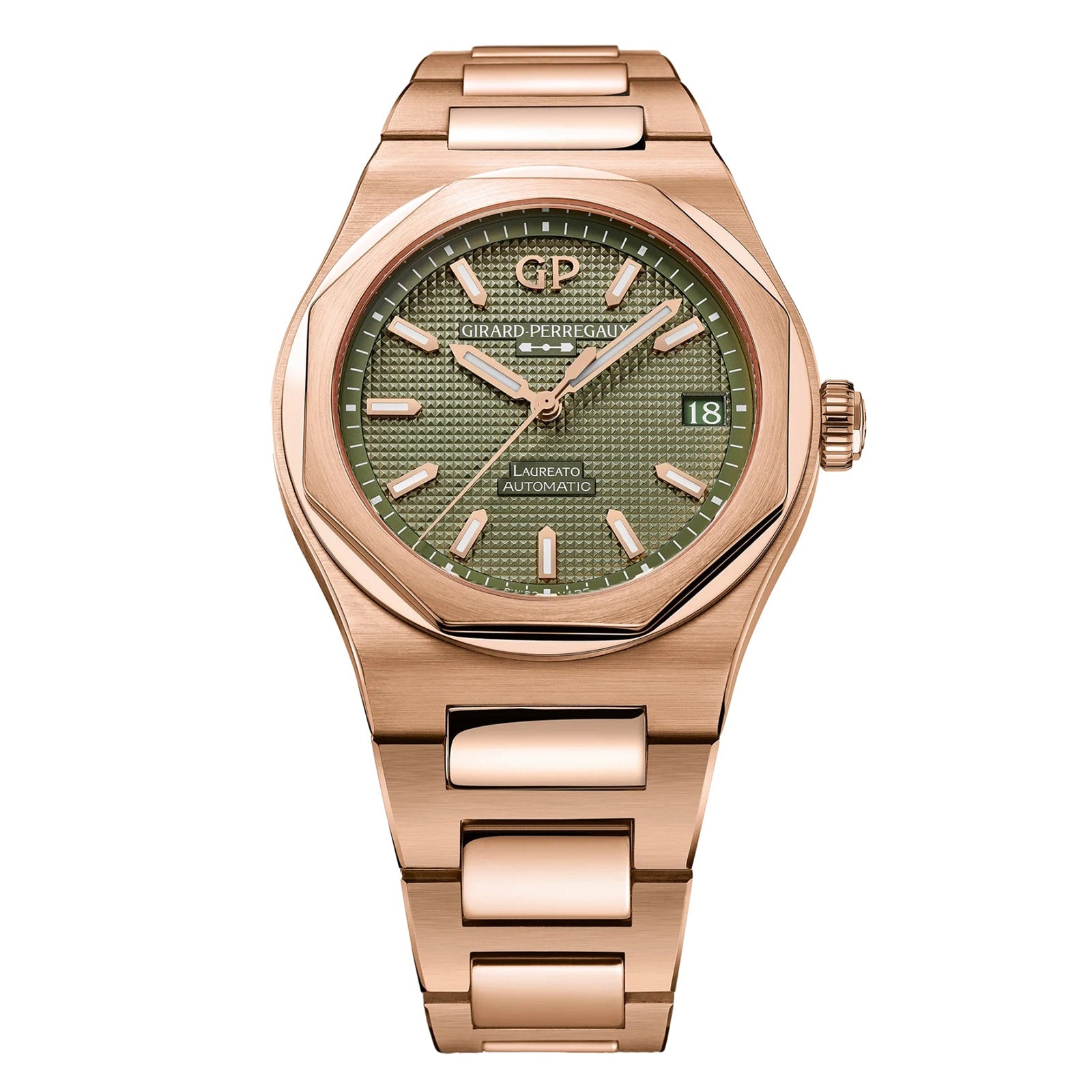 The Girard-Perregaux Laureato 42 features a pink gold case, sage green dial with gold hour markers, date at 3 o’clock, and a rose gold metal link bracelet.