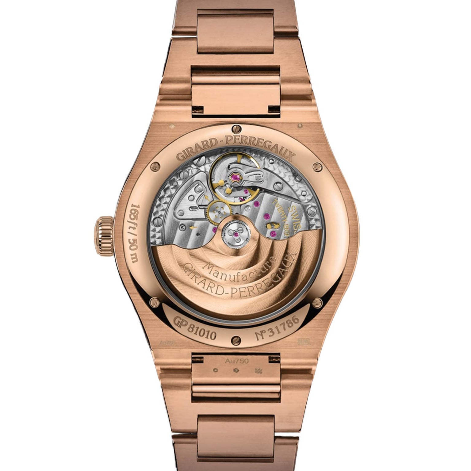 Close-up of the back of a Girard-Perregaux Laureato 42, revealing its mechanical movement through a transparent caseback with engraved markings and an elegant gold rotor.