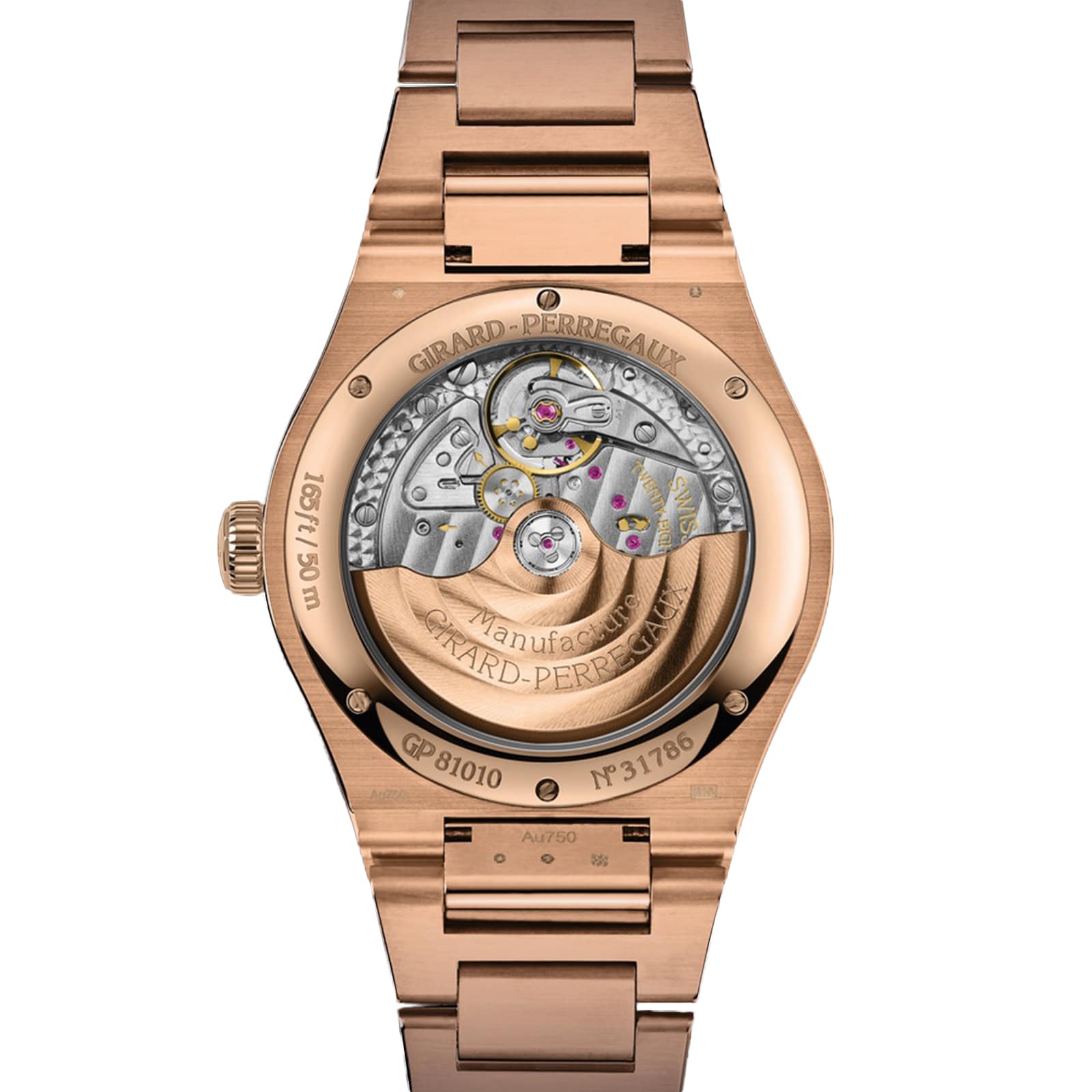 Close-up of the back of a Girard-Perregaux Laureato 42, revealing its mechanical movement through a transparent caseback with engraved markings and an elegant gold rotor.