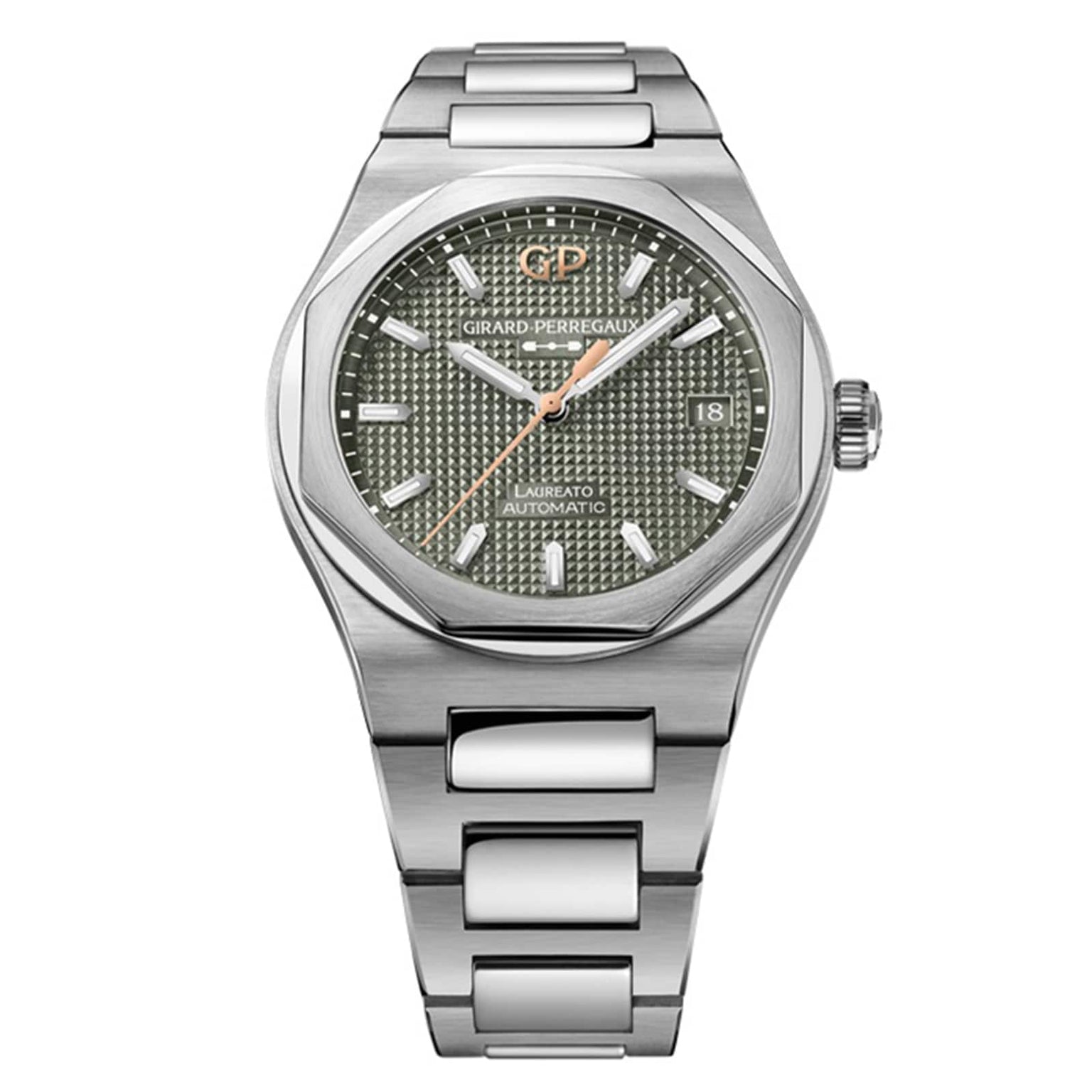 The Girard-Perregaux Laureato 38 is a silver wristwatch featuring a textured green dial and a matching metal bracelet.