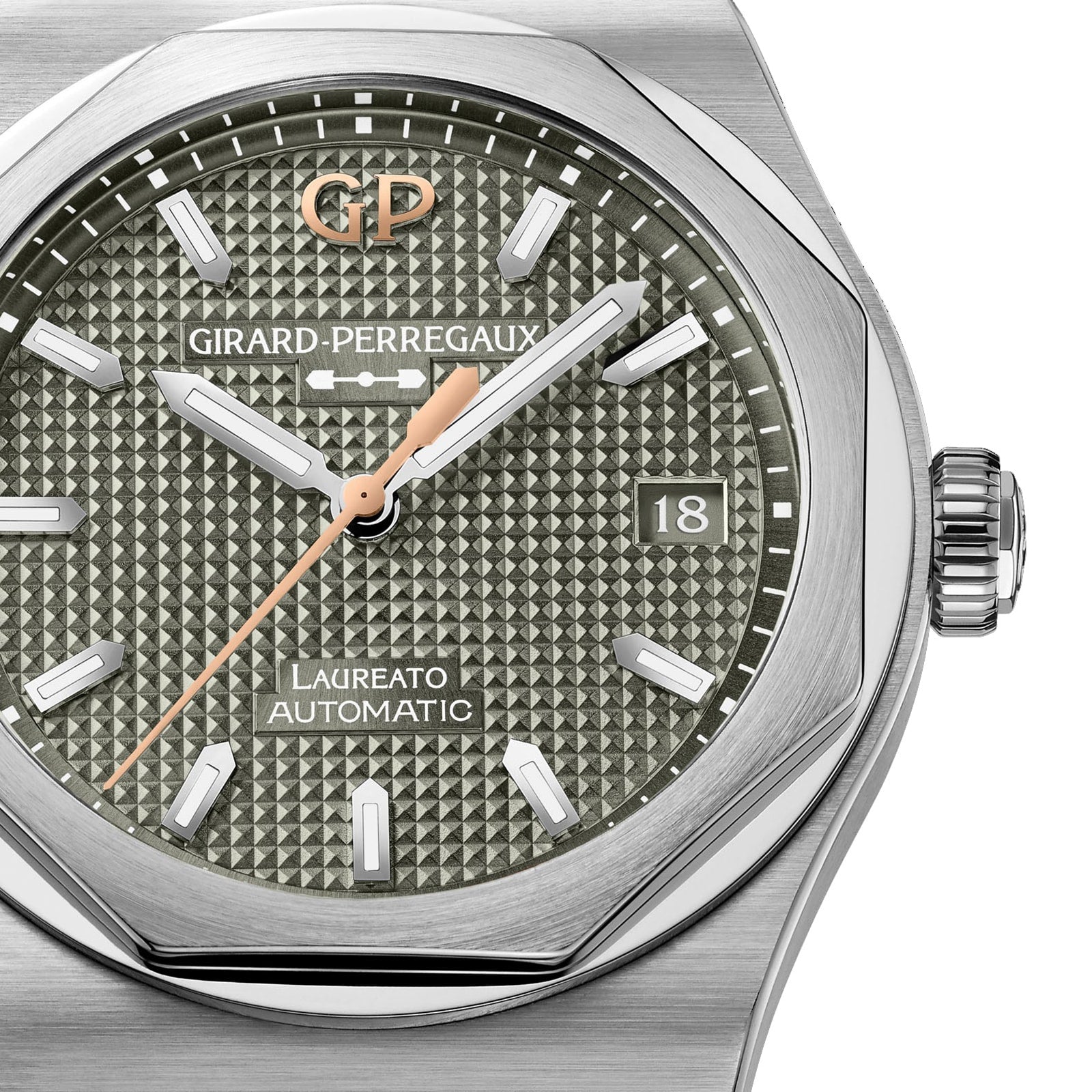 Close-up of the Girard-Perregaux Laureato 38 watch featuring a textured gray dial and a date window at 3 oclock.