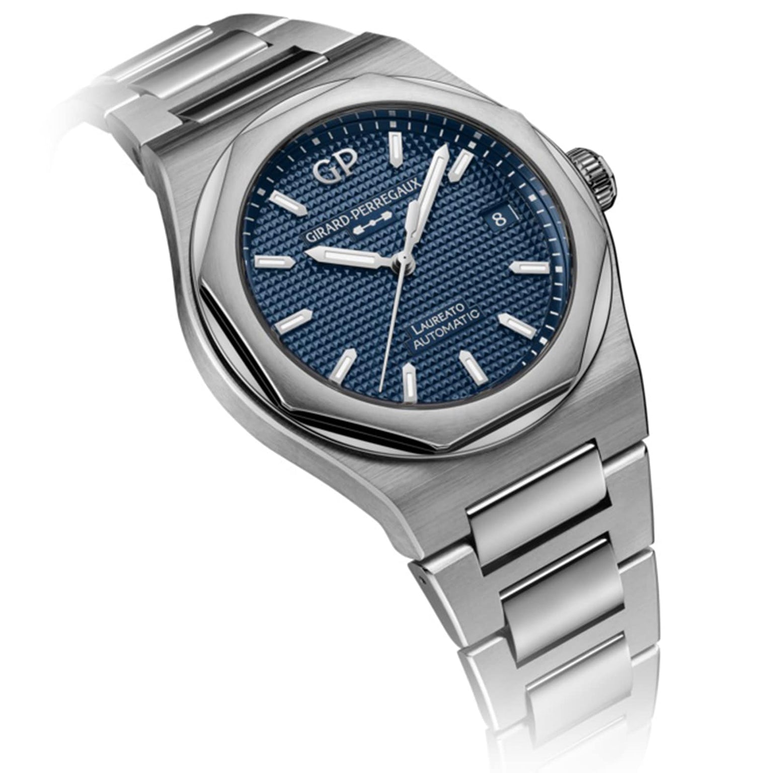 The Girard-Perregaux Laureato 38 wristwatch features a silver case, a blue textured dial, and a metal bracelet, displayed at an angle.