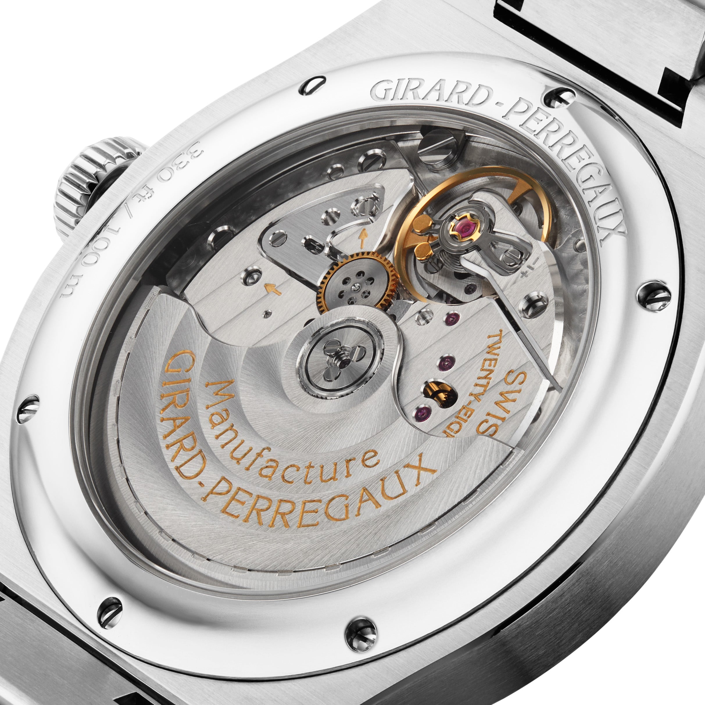 Close-up of the transparent case back of the Girard-Perregaux Laureato Fifty 42 Watches of Switzerland Exclusive, showcasing its intricate mechanical movement with engraved gold text and exposed gears inside a polished stainless steel casing.