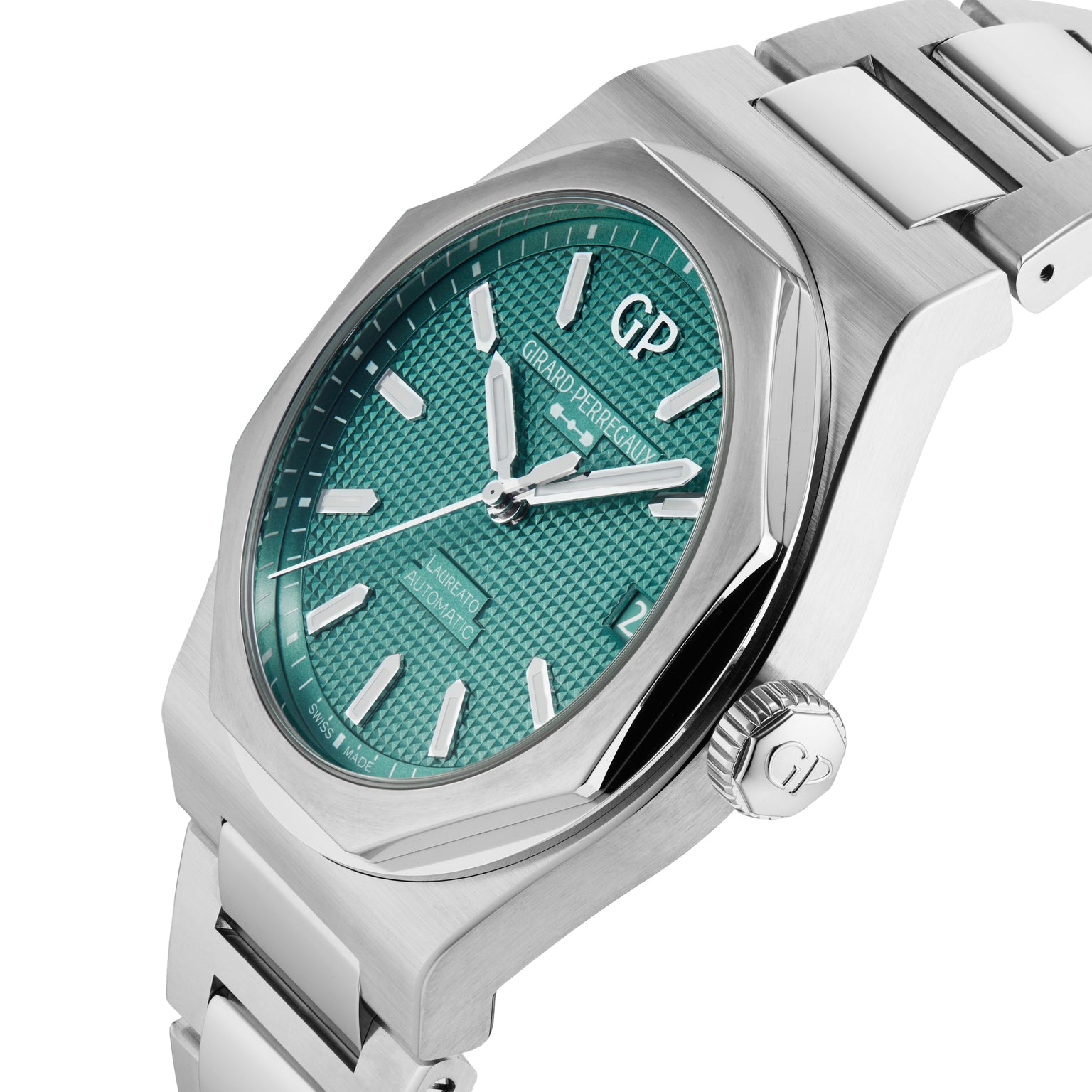 The Laureato Fifty 42 Watches of Switzerland Exclusive by Girard-Perregaux features a luxury stainless steel case, textured green dial, white markers and hands, a steel bracelet, Automatic display, and GP logo on the crown.
