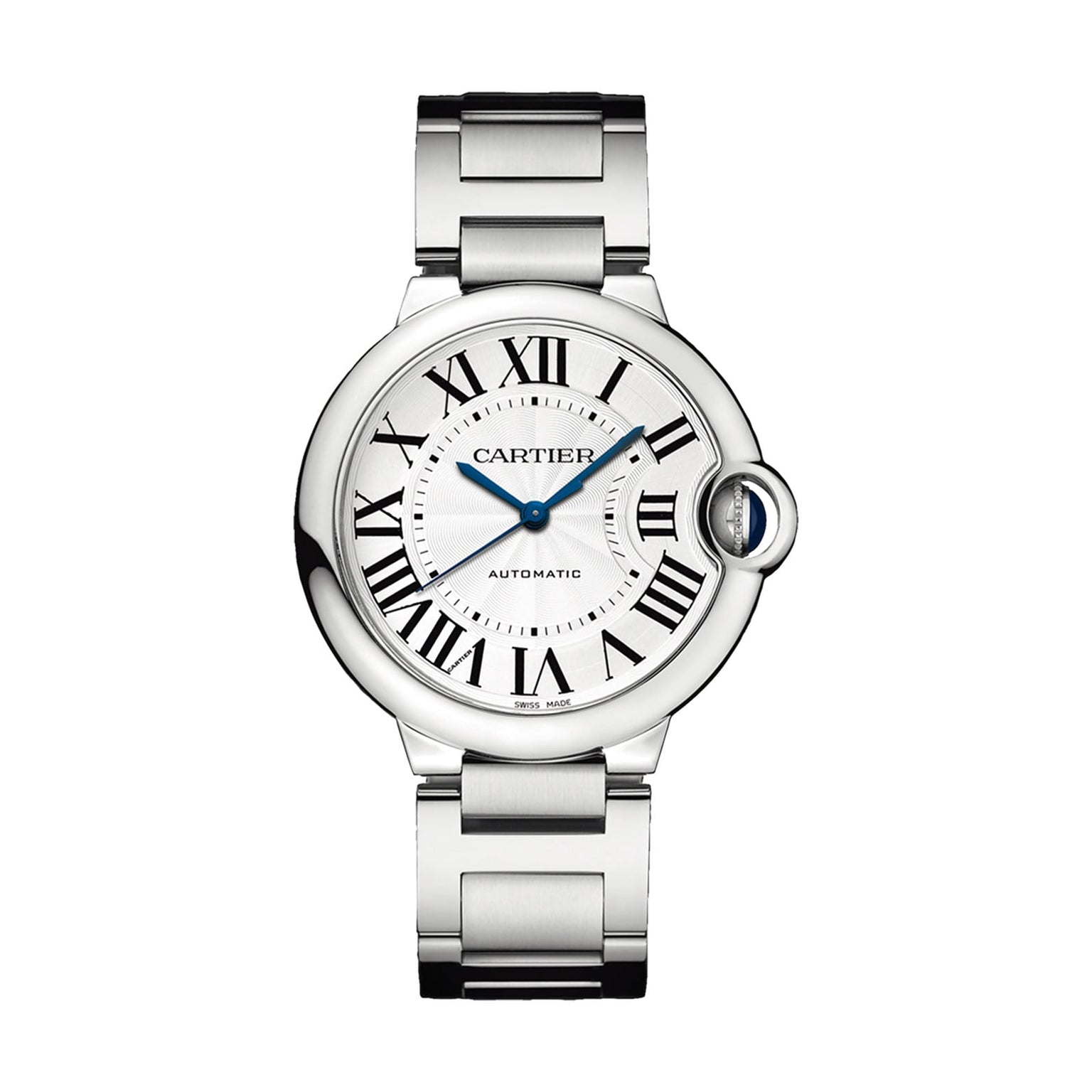 The Ballon Bleu de Cartier wristwatch by Cartier features a round silver face with Roman numerals, blue hands, a metal bracelet, and a blue sapphire cabochon, displayed on a white background.