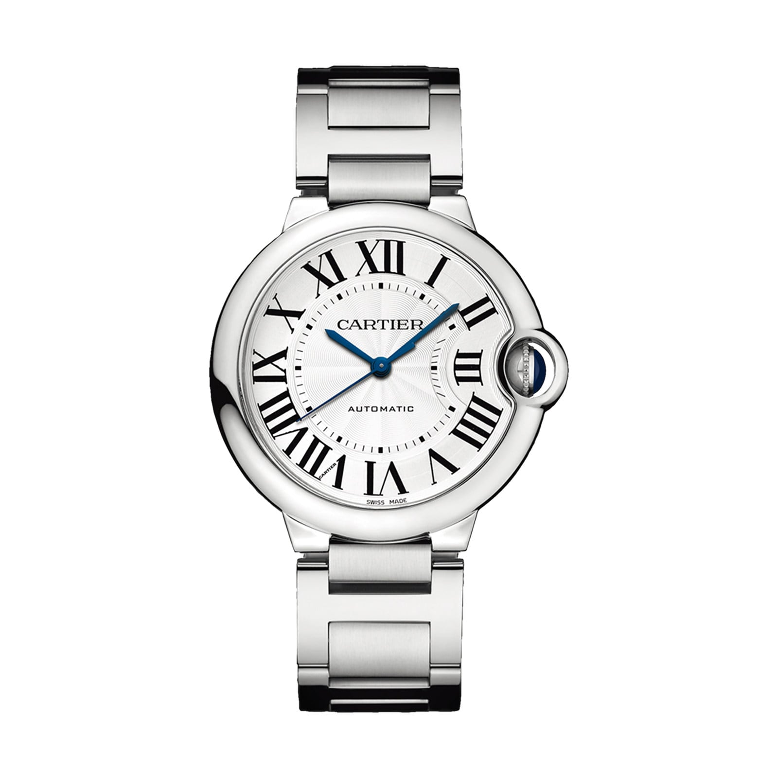 The Ballon Bleu de Cartier wristwatch by Cartier features a round silver face with Roman numerals, blue hands, a metal bracelet, and a blue sapphire cabochon, displayed on a white background.