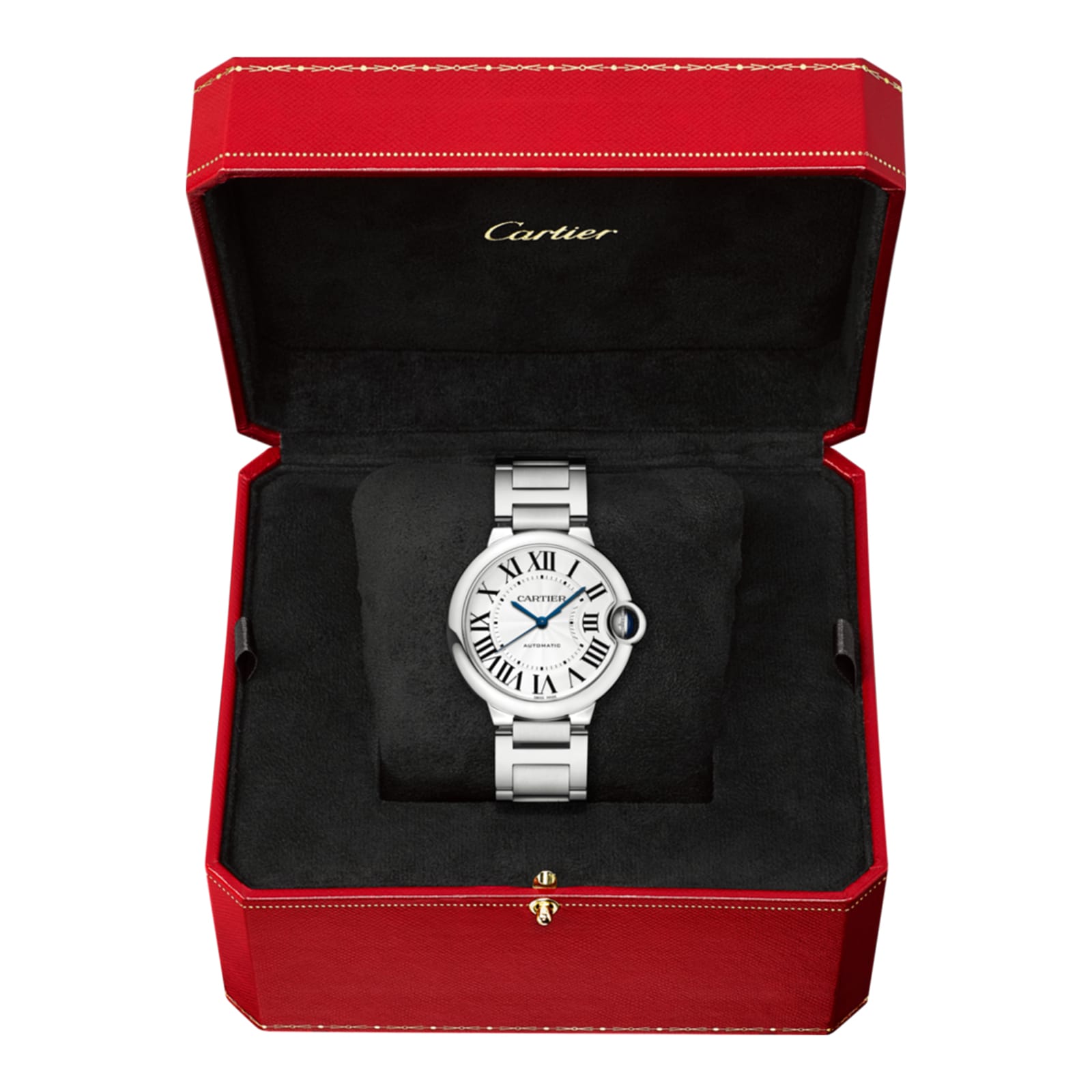 A Cartier Ballon Bleu de Cartier wristwatch with a white face, Roman numerals, and blue sapphire cabochon crown is shown in an open red Cartier box with a black interior.
