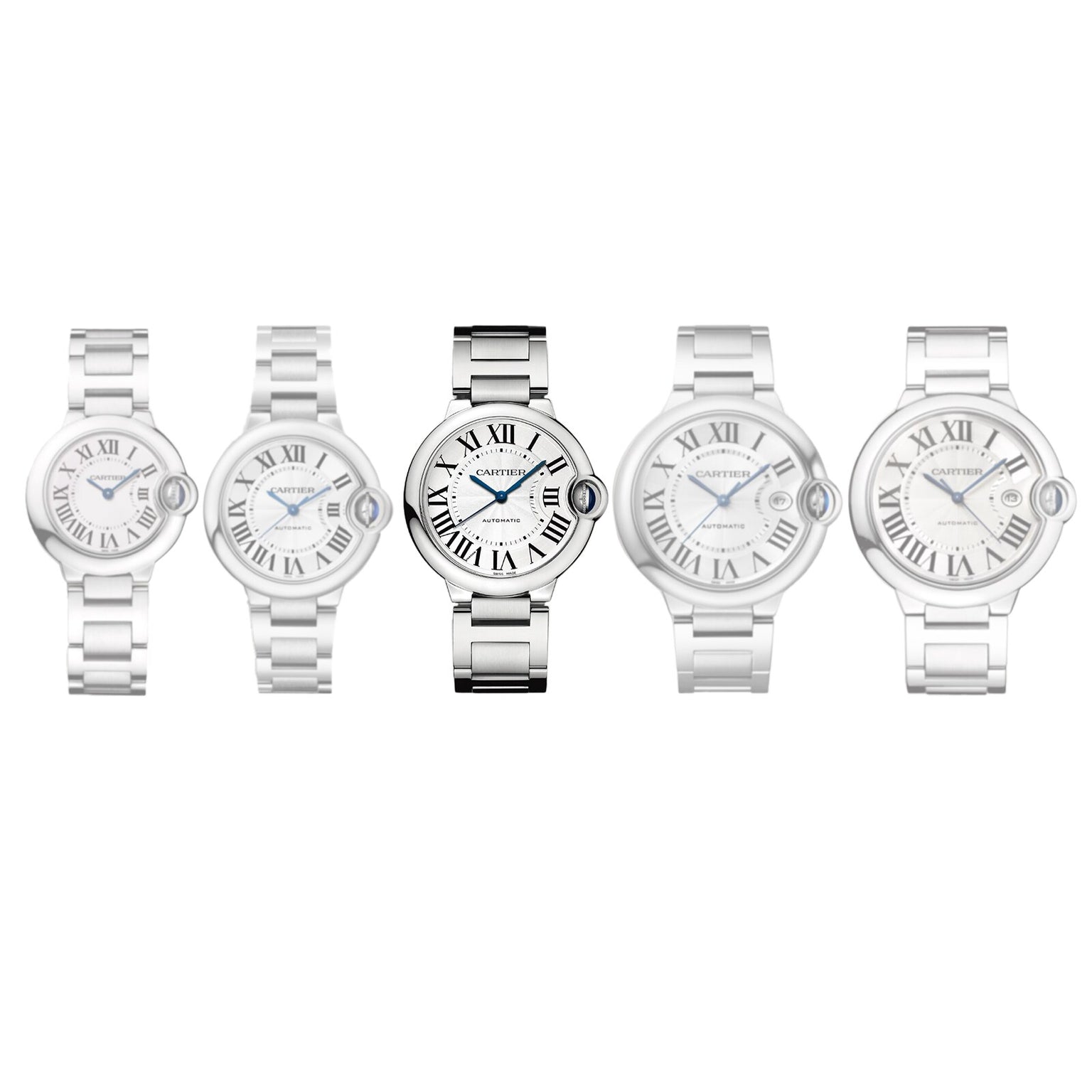 Five Cartier Ballon Bleu de Cartier silver wristwatches, featuring white dials, Roman numerals, and blue sapphire cabochon crowns, are arranged in a row on a white background.