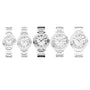 Five Cartier Ballon Bleu de Cartier silver wristwatches, featuring white dials, Roman numerals, and blue sapphire cabochon crowns, are arranged in a row on a white background.