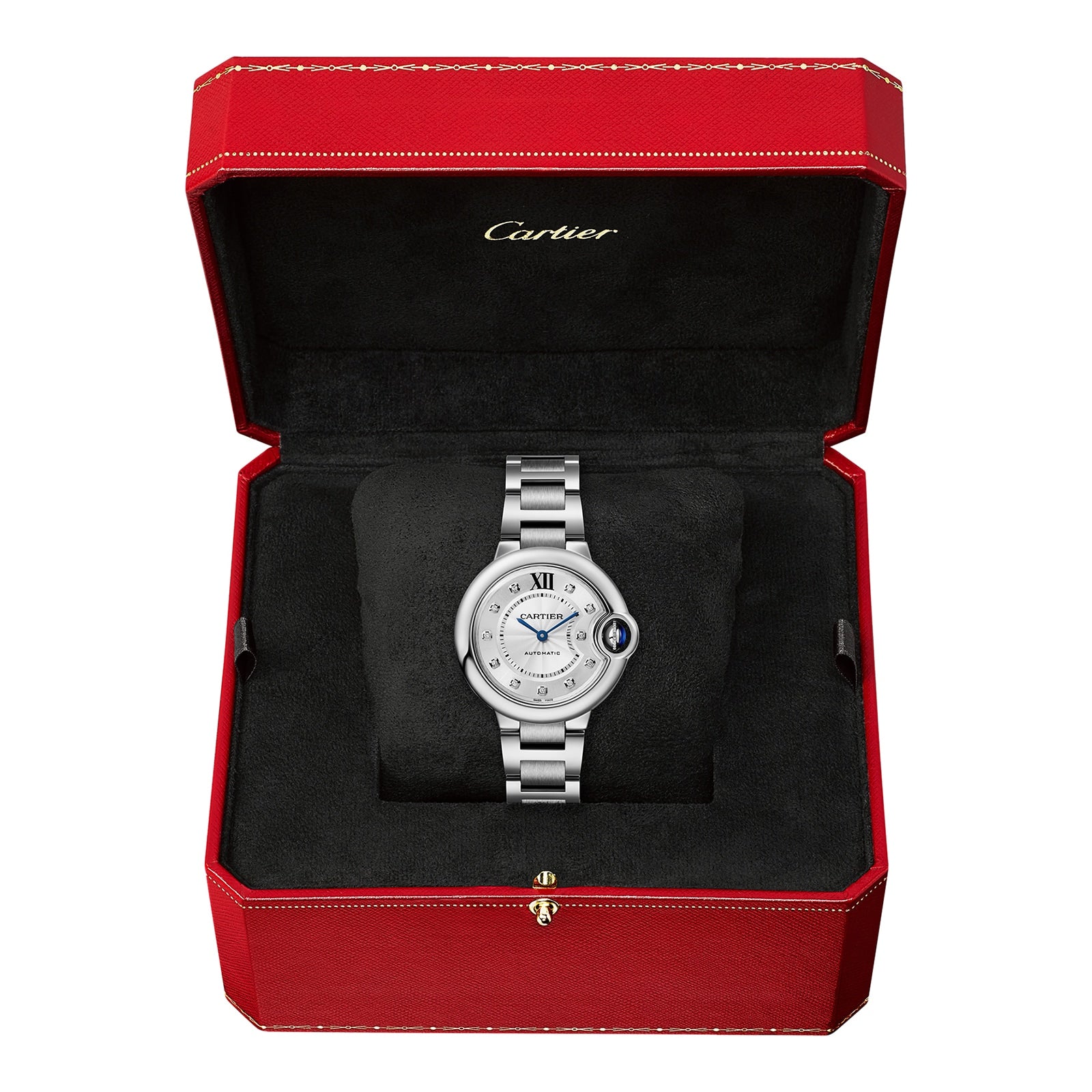 A Ballon Bleu de Cartier wristwatch by Cartier, featuring a round silver face and sapphire cabochon crown, shown in an open red Cartier box with black velvet lining.