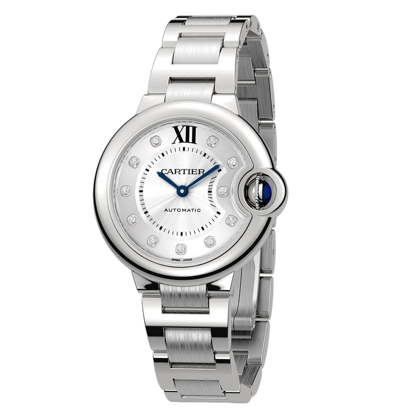 The Cartier Ballon Bleu de Cartier wristwatch features a round silver face, Roman numeral XII, diamond hour markers, blue hands, a sapphire cabochon crown, and a metal bracelet.