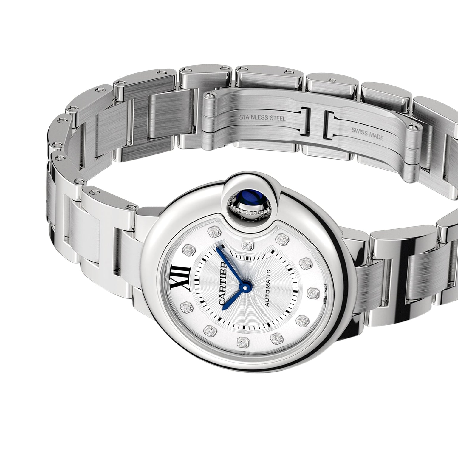 The Ballon Bleu de Cartier by Cartier features a round silver face, diamond hour markers, Roman numeral at 12, blue sapphire cabochon crown, and a stainless steel bracelet.