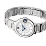 The Ballon Bleu de Cartier by Cartier features a round silver face, diamond hour markers, Roman numeral at 12, blue sapphire cabochon crown, and a stainless steel bracelet.