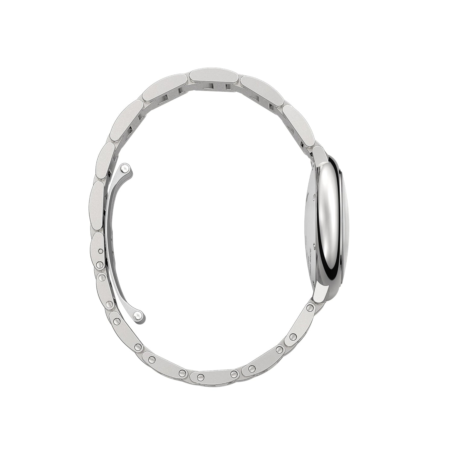 Side view of the Cartier Ballon Bleu de Cartier watch with a silver metal link band, round smooth case, and sapphire cabochon crown, displayed against a plain white background.