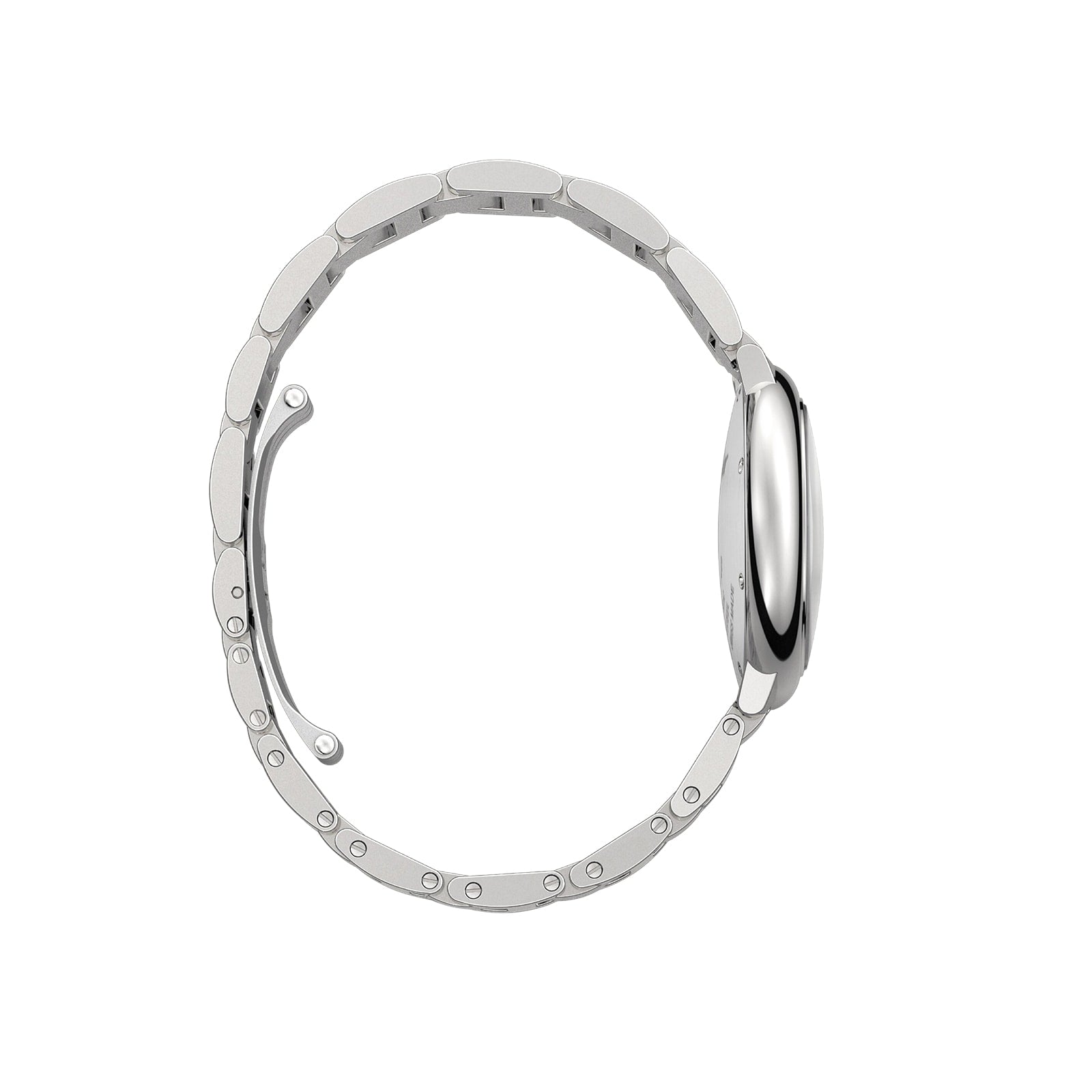 Side view of the Cartier Ballon Bleu de Cartier watch with a silver metal link band, round smooth case, and sapphire cabochon crown, displayed against a plain white background.