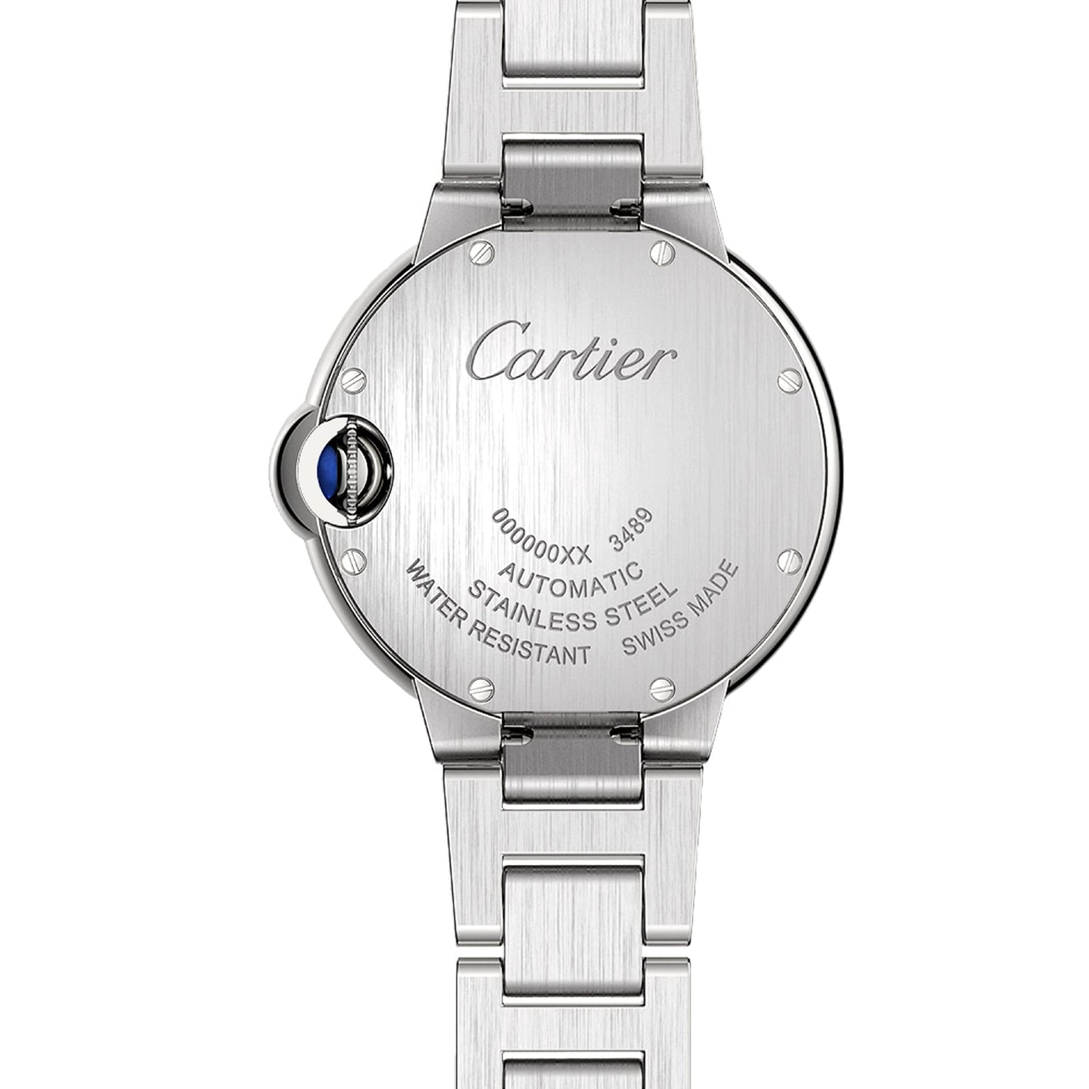 Back view of the Cartier Ballon Bleu de Cartier watch in stainless steel, showcasing engraved brand details, specifications, and a signature sapphire cabochon crown on the side.