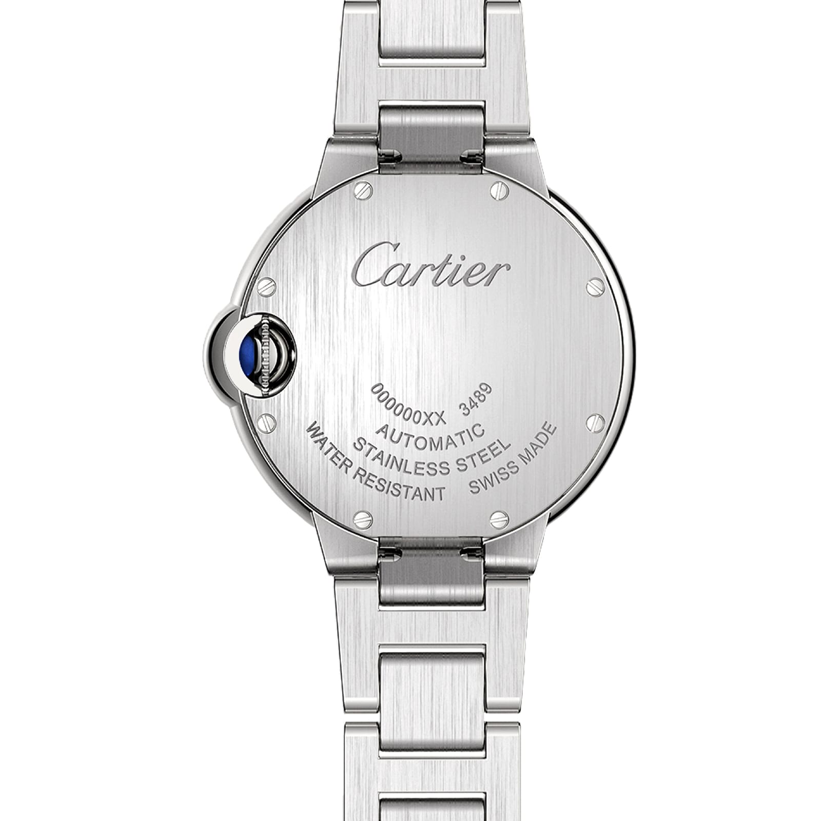 Back view of the Cartier Ballon Bleu de Cartier watch in stainless steel, showcasing engraved brand details, specifications, and a signature sapphire cabochon crown on the side.