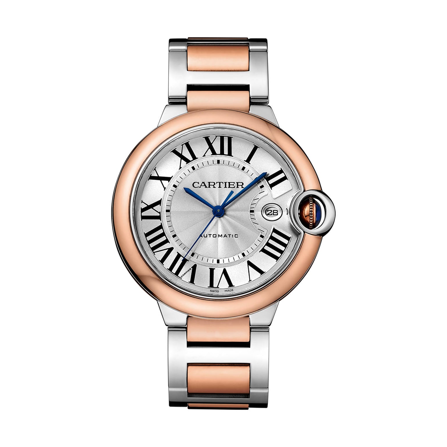 The Ballon Bleu de Cartier is a Cartier wristwatch with a round silver dial, Roman numerals, blue hands, date at 3 o’clock, and a two-tone silver and rose gold metal bracelet.