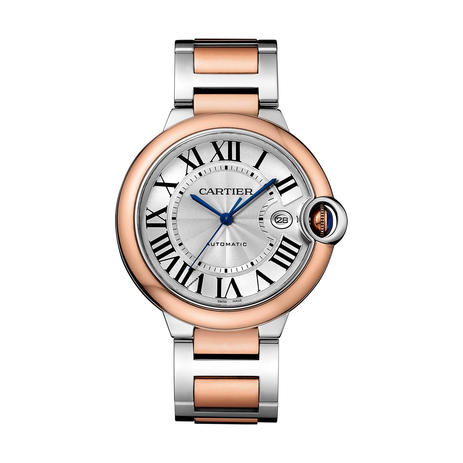 The Ballon Bleu de Cartier is a Cartier wristwatch with a round silver dial, Roman numerals, blue hands, date at 3 o’clock, and a two-tone silver and rose gold metal bracelet.