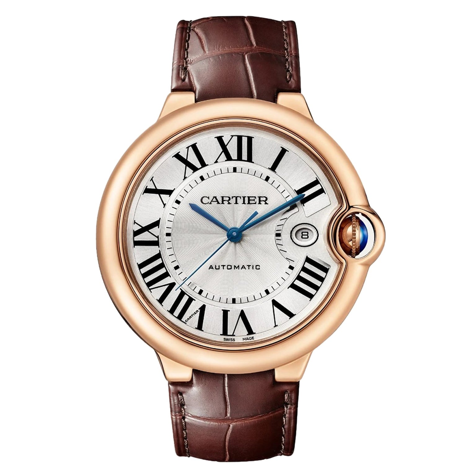 The Ballon Bleu de Cartier by Cartier features a round 18K rose gold case, silver dial with Roman numerals, blue hands, date display, self-winding movement, and brown leather strap.