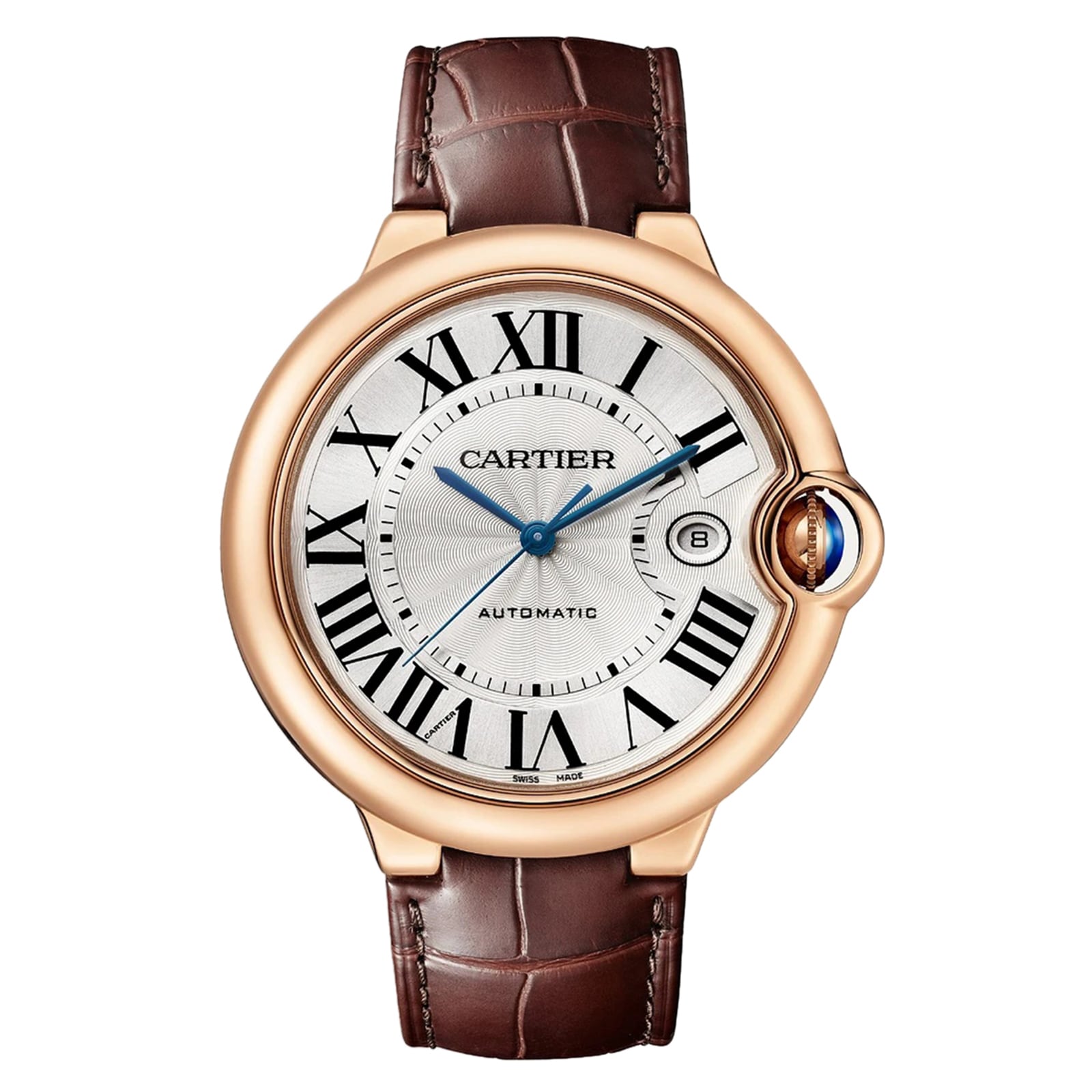 The Ballon Bleu de Cartier by Cartier features a round 18K rose gold case, silver dial with Roman numerals, blue hands, date display, self-winding movement, and brown leather strap.