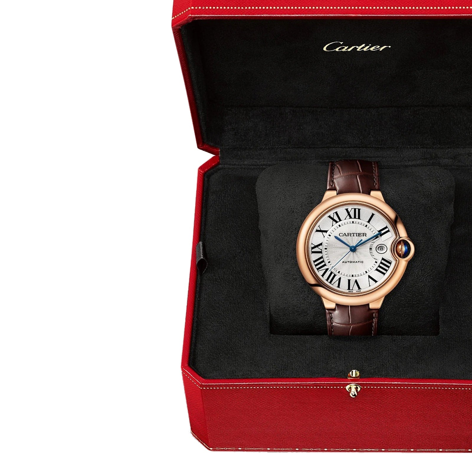 A Ballon Bleu de Cartier watch by Cartier, featuring 18K rose gold, a brown leather strap, and a white Roman numeral dial, is presented in an open red and black Cartier box.
