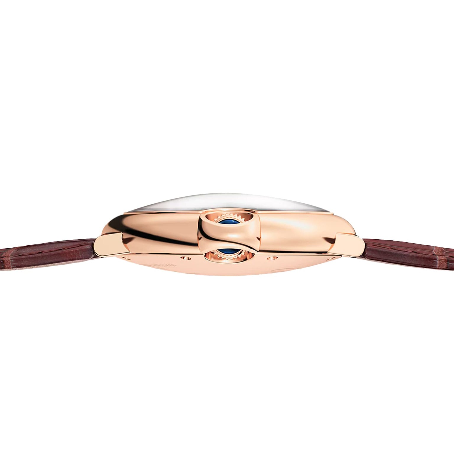 Side view of the Cartier Ballon Bleu de Cartier watch featuring a pink gold case, blue crown, guilloché dial, and brown leather strap.