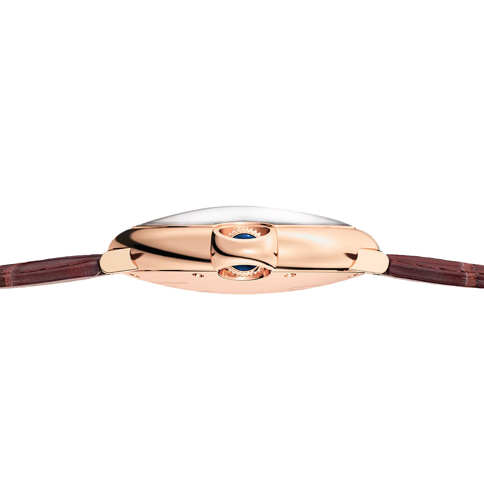 Side view of the Cartier Ballon Bleu de Cartier watch featuring a pink gold case, blue crown, guilloché dial, and brown leather strap.