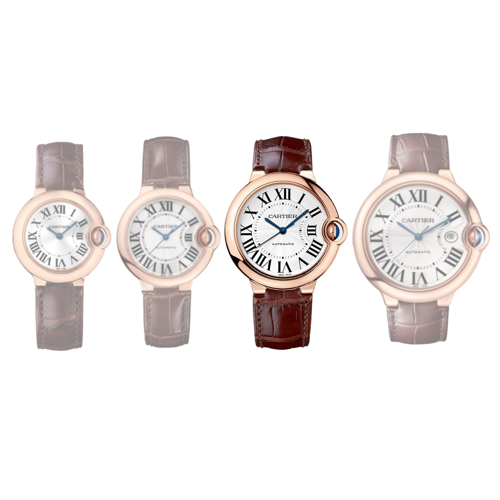 Four Cartier watches with Roman numerals are arranged in a row—the sharply focused centerpieces include a Ballon Bleu de Cartier watch with a guilloché dial—while the two outer models appear softly faded.