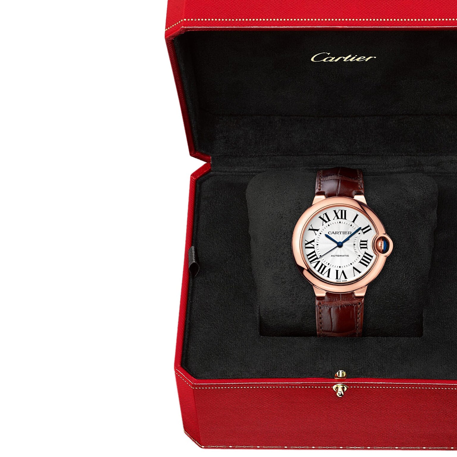 A Cartier Ballon Bleu de Cartier wristwatch with a pink gold case, brown leather strap, and Roman numeral guilloché dial is shown in an open red Cartier box.