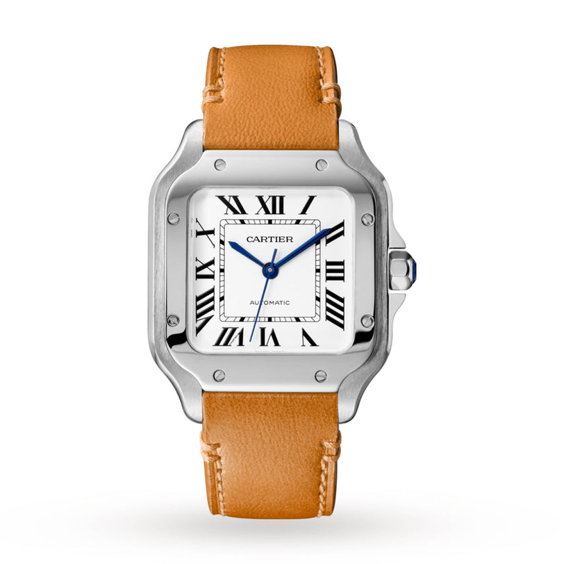 The Cartier Santos de Cartier wristwatch features a square silver case, silvered opaline dial with Roman numerals, blue hands, and a light brown leather strap—blending precision proportions with classic elegance.