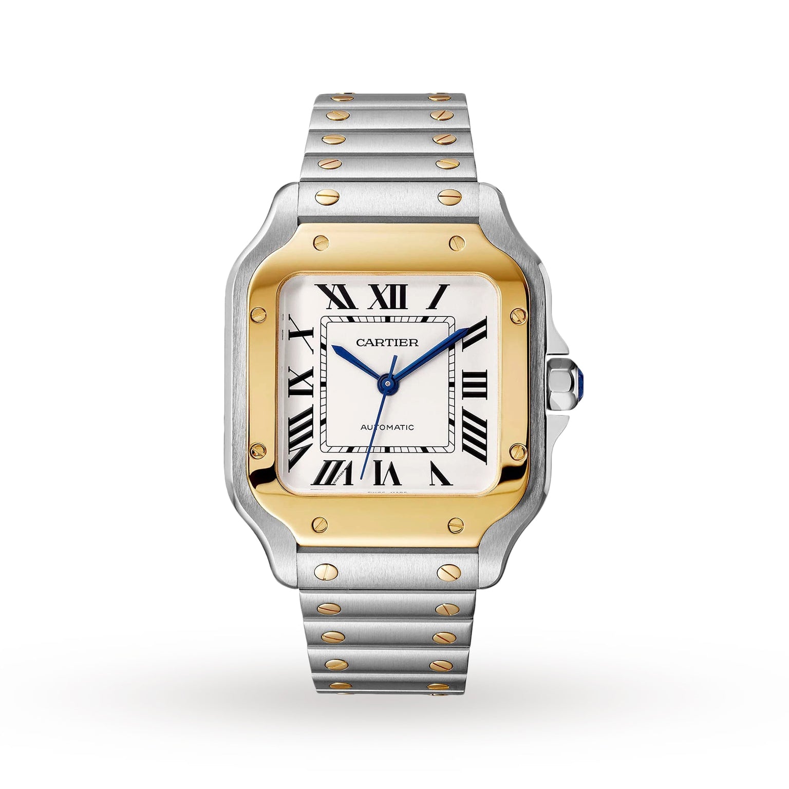The Cartier Santos de Cartier wristwatch features a square white dial with Roman numerals, steel and gold bezel, blue hands, and a metal bracelet with gold screw accents—a classic honoring aviation legend Alberto Santos-Dumont.