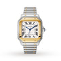 The Cartier Santos de Cartier wristwatch features a square white dial with Roman numerals, steel and gold bezel, blue hands, and a metal bracelet with gold screw accents—a classic honoring aviation legend Alberto Santos-Dumont.