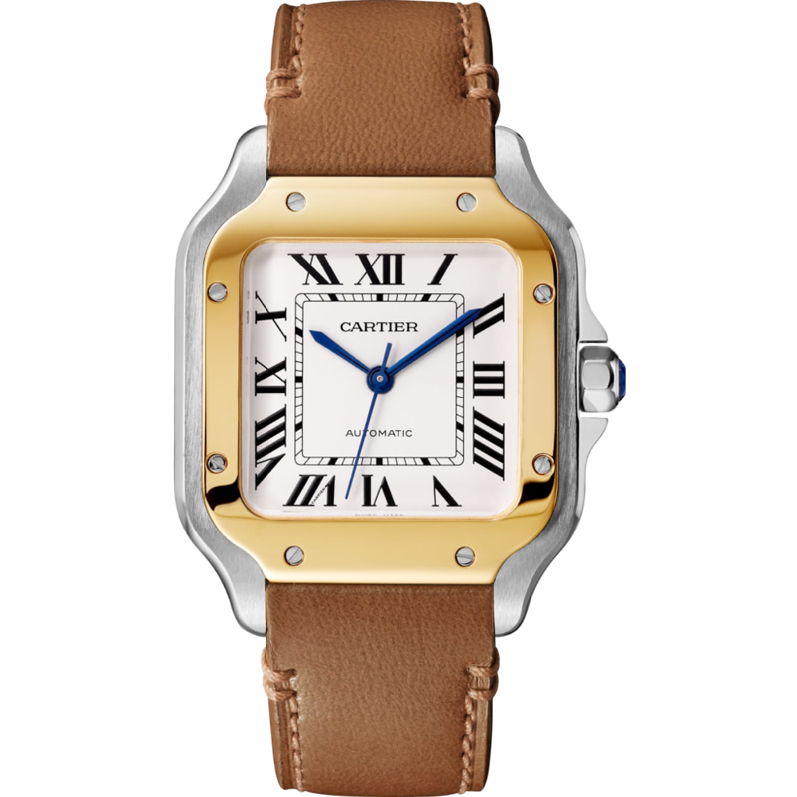 The Santos de Cartier by Cartier features a square face, white dial with Roman numerals, brown leather strap, silver and gold bezel, blue crown, and self-winding movement—a tribute to aviation innovation.