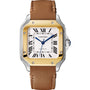 The Santos de Cartier by Cartier features a square face, white dial with Roman numerals, brown leather strap, silver and gold bezel, blue crown, and self-winding movement—a tribute to aviation innovation.