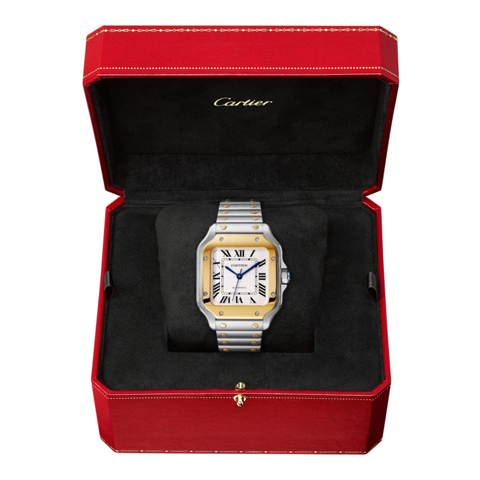 A Cartier Santos de Cartier wristwatch with a square face and metal band is presented in an open red Cartier box with black interior, showcasing its self-winding mechanical movement and aviation-inspired design.