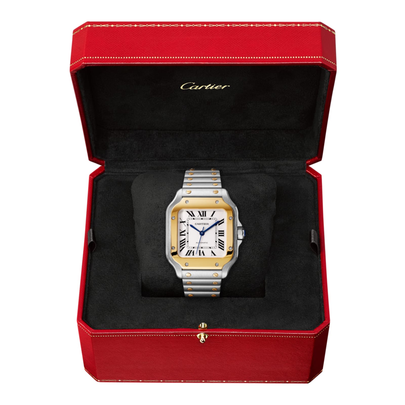 A Cartier Santos de Cartier wristwatch with a square face and metal band is presented in an open red Cartier box with black interior, showcasing its self-winding mechanical movement and aviation-inspired design.