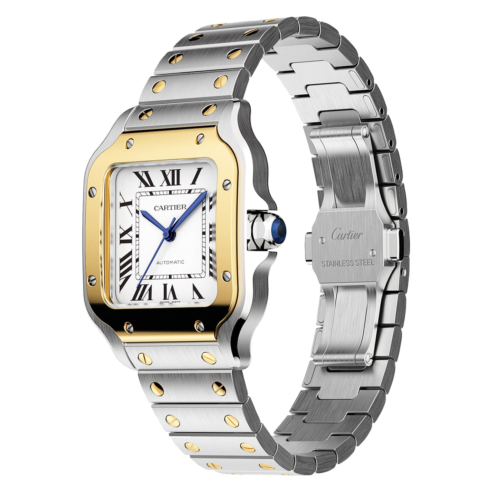 The Cartier Santos de Cartier wristwatch features stainless steel and gold, Roman numerals, blue hands, a metal link bracelet, and a self-winding mechanical movement, shown on a white background.