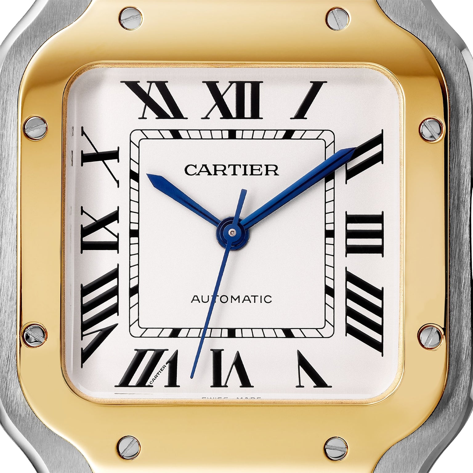 Close-up of a Cartier Santos de Cartier watch face featuring Roman numerals, blue hands, AUTOMATIC text, and a gold and silver bezel with visible screws, highlighting its self-winding mechanical movement.
