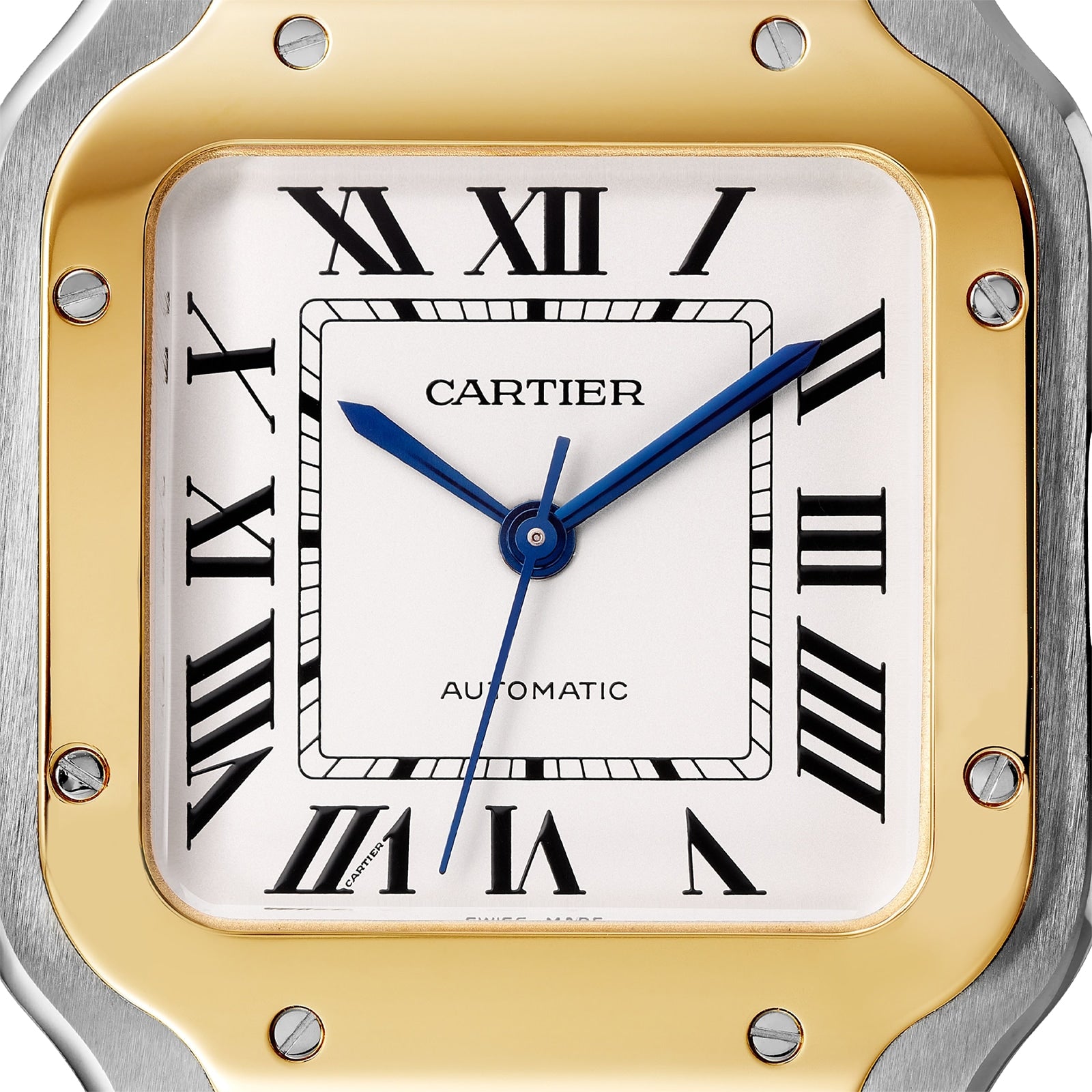 Close-up of a Cartier Santos de Cartier watch face featuring Roman numerals, blue hands, AUTOMATIC text, and a gold and silver bezel with visible screws, highlighting its self-winding mechanical movement.
