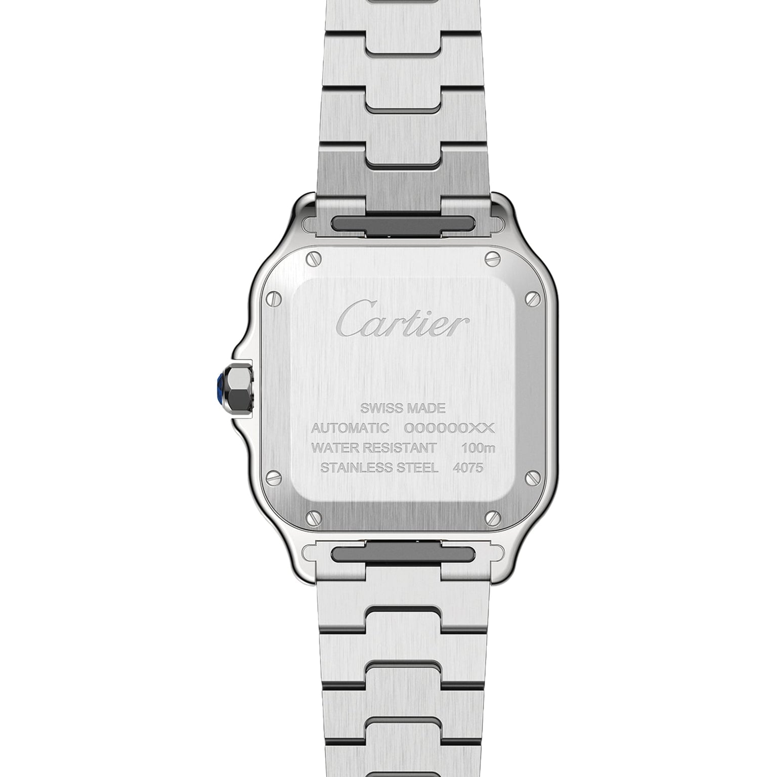 Back view of the Cartier Santos de Cartier stainless steel watch, showing engraved details such as water resistance, Swiss made mark, and a self-winding mechanical movement inspired by aviation innovation.